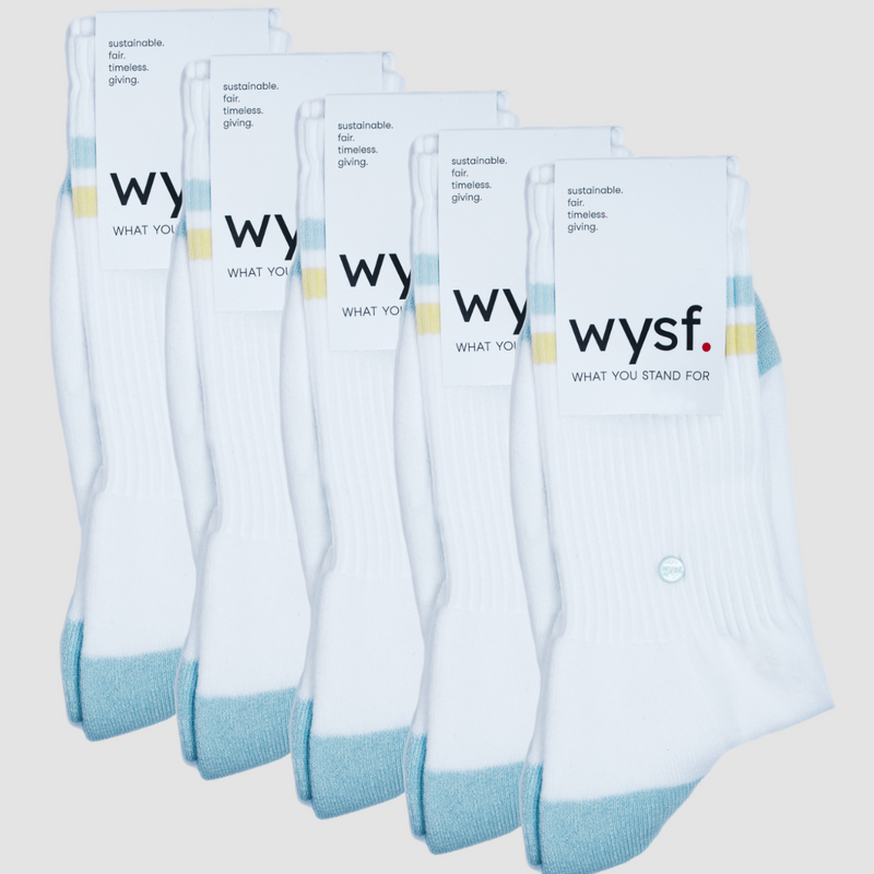 nachhaltige sportsocken bundle damen, nachhaltige sportsocken herren von what you stand for. nachhaltige tennissocke bundle, farbe weiß, mintgrün, hellblau, pastellgelb. fair hergestellt in portugal. wysf. mode, mit der du zeigst, wer du bist.