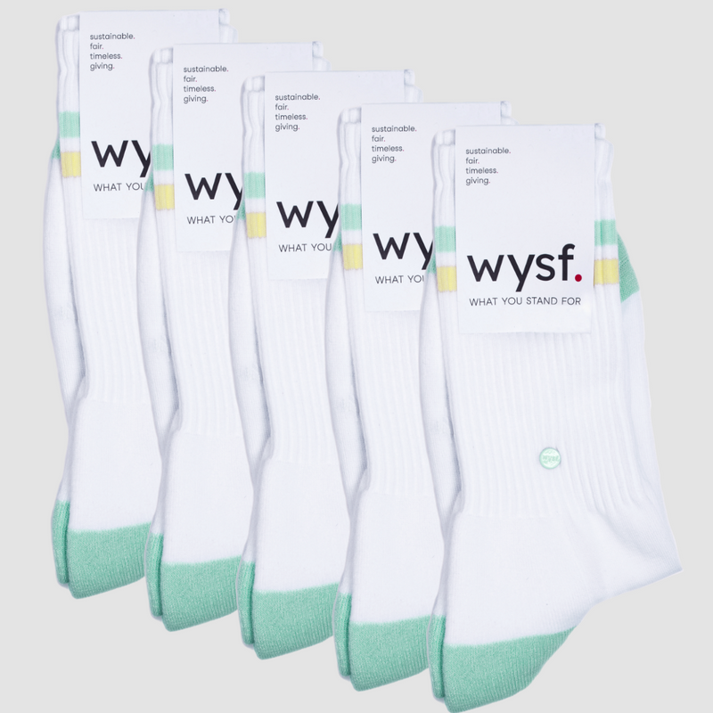 nachhaltige sportsocken bundle damen, nachhaltige sportsocken herren von what you stand for. nachhaltige tennissocke bundle, farbe weiß, mintgrün, hellblau, pastellgelb. fair hergestellt in portugal. wysf. mode, mit der du zeigst, wer du bist.